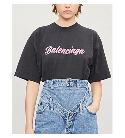 Shop Balenciaga Logo-print Cotton T-shirt In Washed Black / Pink