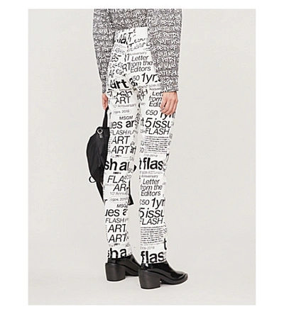 Shop Msgm Text-print High-rise Straight Cotton Trousers In White+black