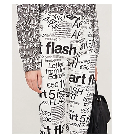 Shop Msgm Text-print High-rise Straight Cotton Trousers In White+black