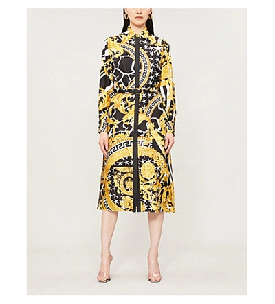 Shop Versace Baroque-print Silk-twill Midi Dress In Gold Print