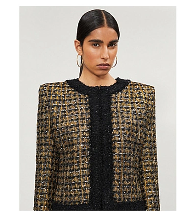 Shop Balmain Collarless Metallic Tweed Jacket In Black Gold