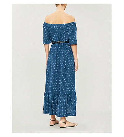 Shop Asceno Off-the-shoulder Silk-crepe Midi Dress In Oasis Blue Polka