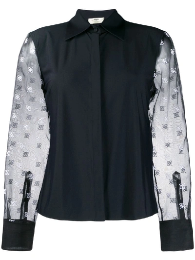 Shop Fendi Sheer-sleeve Monogram Blouse In Black