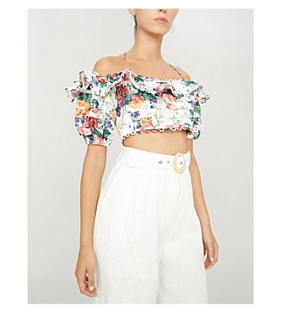 Shop Zimmermann Allia Off-the-shoulder Linen Top In White Floral