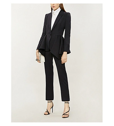 Shop Alexander Mcqueen Peplum-hem Padded-shoulder Pleated Wool Blazer In Midnight Blue