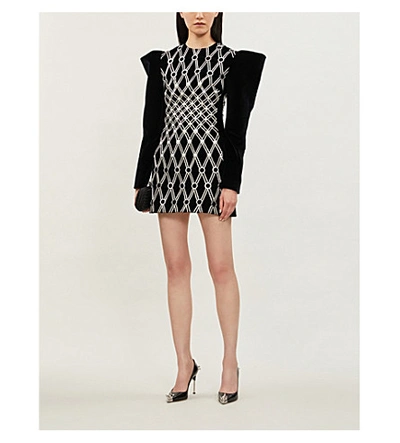 Shop David Koma Structured Embroidered Velvet Mini Dress In Black/silver