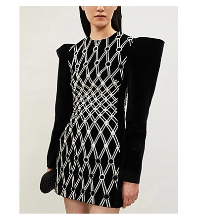 Shop David Koma Structured Embroidered Velvet Mini Dress In Black/silver