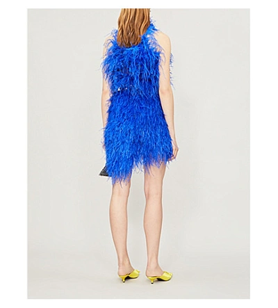 Shop Attico High-neck Feather Mini Dress In Blue