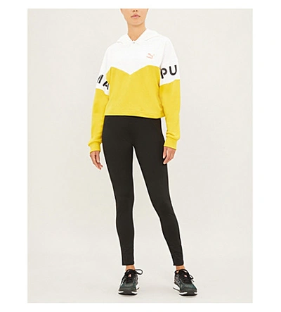 Shop Puma Xtg Panelled Cropped Cotton-blend Hoody In Sulphur