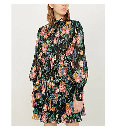 Shop Zimmermann Allia Floral-print Cotton And Silk-blend Dress In Black Floral