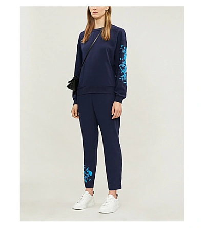Shop Ted Baker Floral-embroidered Slim High-rise Crepe Trousers In Dk-blue