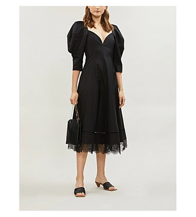Shop Khaite Dina Puffed-sleeve Cotton-poplin Midi Dress In Black