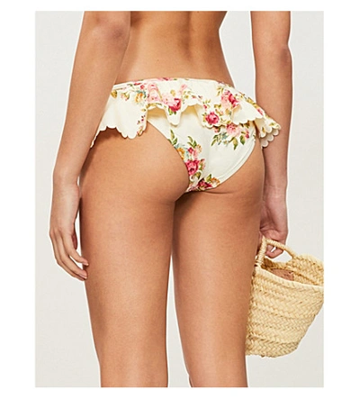 Shop Zimmermann Honour Floral-print Frilled Bikini Bottoms In Cream Floral