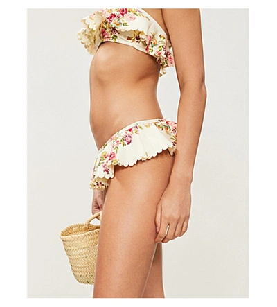 Shop Zimmermann Honour Floral-print Frilled Bikini Bottoms In Cream Floral