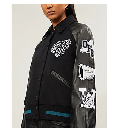 Shop Off-white Logo-patch Raglan-sleeved Leather And Wool-blend Jacket In Black White