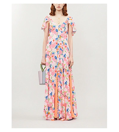 Shop Staud Fluted-sleeve Split-hem Abstract-print Crepe Maxi Dress In Abstract Peach