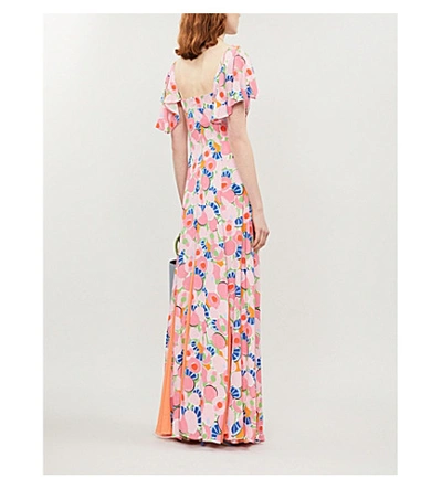 Shop Staud Fluted-sleeve Split-hem Abstract-print Crepe Maxi Dress In Abstract Peach