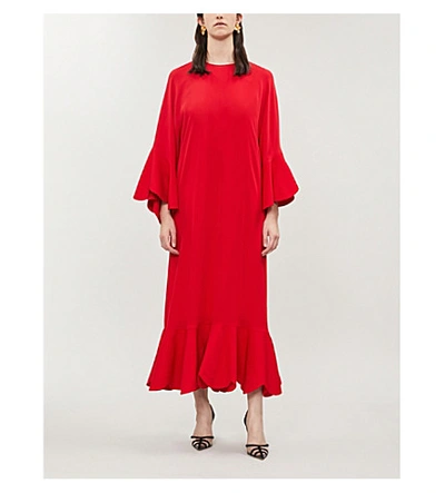 Shop Valentino Ruffled Silk-crepe Midi Dress In Red