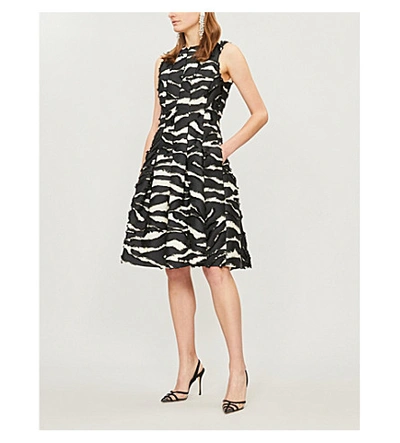 Shop Oscar De La Renta Zebra-print Woven Knee-length Dress In Black Ivory