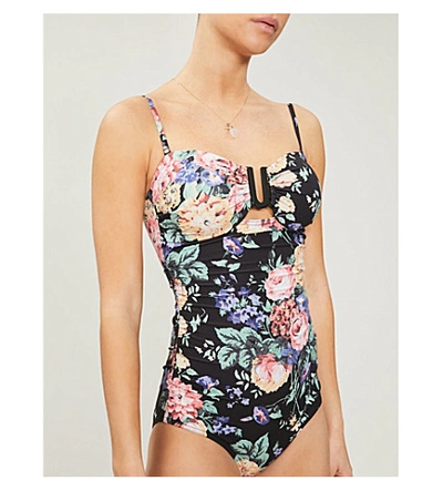 Shop Zimmermann Allia Floral-print Cutout Swimsuit In Black Floral