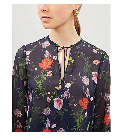 Shop Ted Baker Hedgerow Floral Neck-tie Woven Top In Dk-blue
