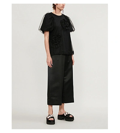 Shop Simone Rocha Ruffled Short-sleeved Cotton-blend Top In Black
