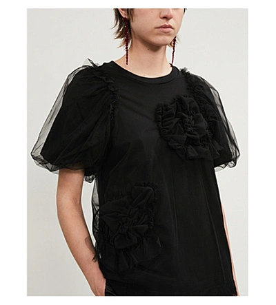 Shop Simone Rocha Ruffled Short-sleeved Cotton-blend Top In Black