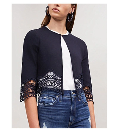 Shop Ted Baker Lace-trim Jersey Cardigan In Navy
