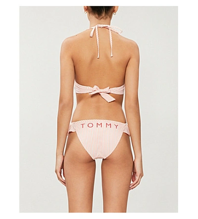 Tommy Hilfiger Logo-print Striped Seersucker Bikini Top In Seersucker Coral  | ModeSens