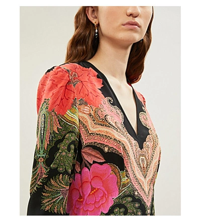 Shop Etro Abito Floral-print V-neck Silk Midi Dress In Nero