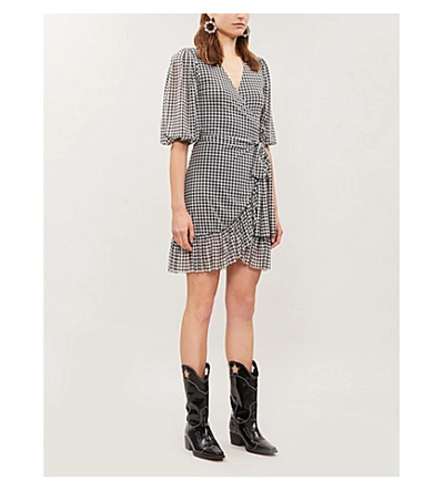 Shop Ganni Gingham Ruffled Mesh Mini Dress In Black