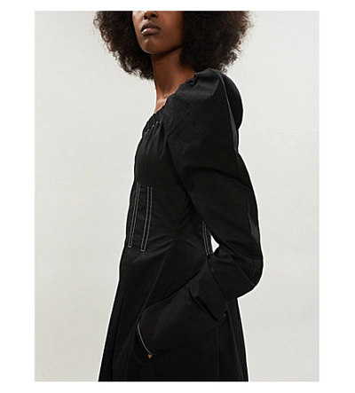 Shop Rejina Pyo Carla Puffed-sleeve Cotton-blend Midi Dress In Cotton Black