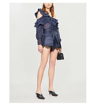 Shop Self-portrait High-rise Lace-trimmed Crepe Shorts In Navy