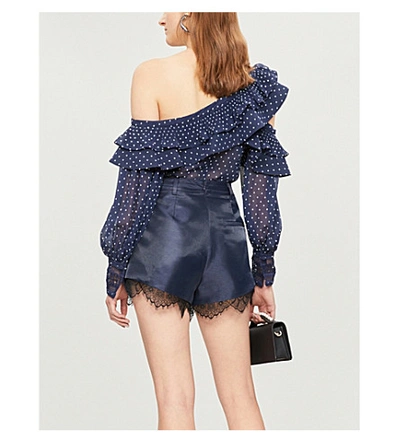 Shop Self-portrait High-rise Lace-trimmed Crepe Shorts In Navy