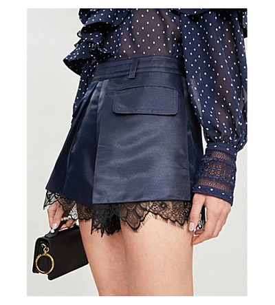 Shop Self-portrait High-rise Lace-trimmed Crepe Shorts In Navy
