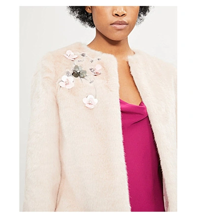 Shop Ted Baker Kaatya Embellished Faux-fur Jacket In Nude Pink