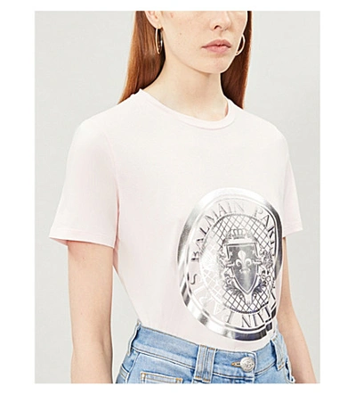 Shop Balmain Metallic Logo Coin-print Cotton-jersey T-shirt In Rose Pale Argent
