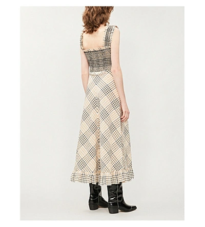 Shop Ganni Checked Shirred-bodice Seersucker Midi Dress In Irish Cream