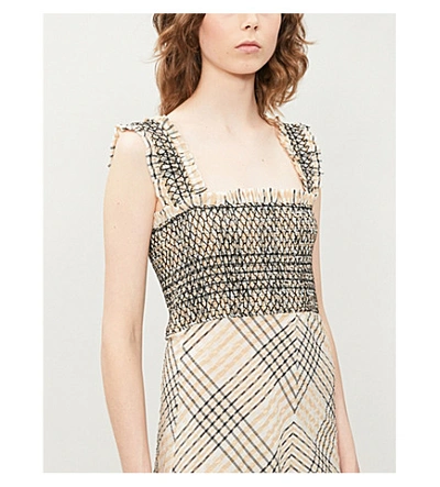 Shop Ganni Checked Shirred-bodice Seersucker Midi Dress In Irish Cream