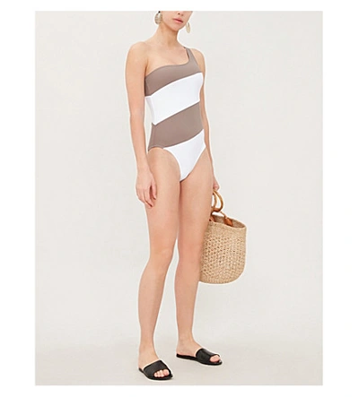 Shop Alexandra Miro Rita One-shoulder Striped Swimsuit In Mink White Stripes