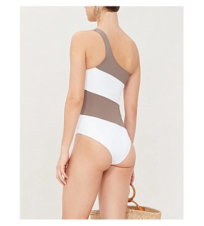 Shop Alexandra Miro Rita One-shoulder Striped Swimsuit In Mink White Stripes