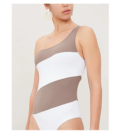 Shop Alexandra Miro Rita One-shoulder Striped Swimsuit In Mink White Stripes