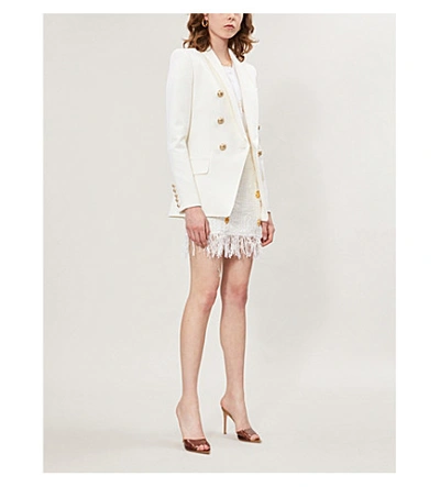 Shop Balmain Double-breasted Wool Blazer In White