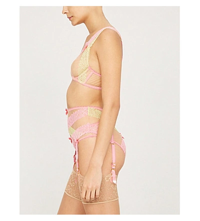 Shop Agent Provocateur Lace And Mesh Suspender Belt In Pink/mint