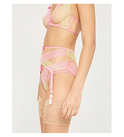 Shop Agent Provocateur Lace And Mesh Suspender Belt In Pink/mint