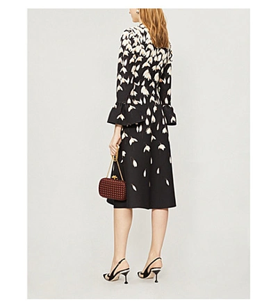 Shop Valentino Flared-cuff Floral-print Wool And Silk-blend Midi Dress In Black Multi