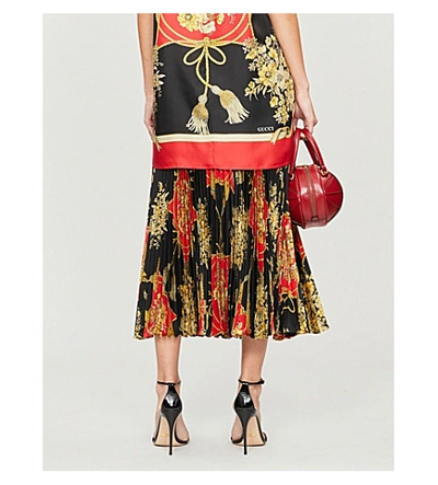 Shop Gucci Floral-pattern Silk Midi Skirt In Red Black Print