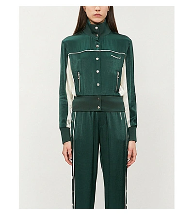 Shop The Kooples Buttoned-down Cropped Satin Bomber Jacket In Grn01