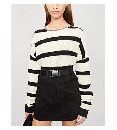 Shop The Kooples Striped Chain-embellished Cotton-knit Jumper In Bla28