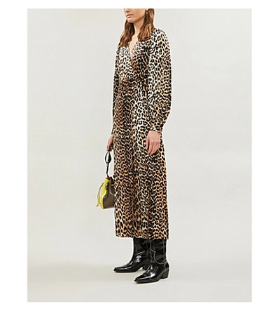 Shop Ganni V-neck Bishop-sleeve Animal-print Stretch-silk Midi Dress In Leopard